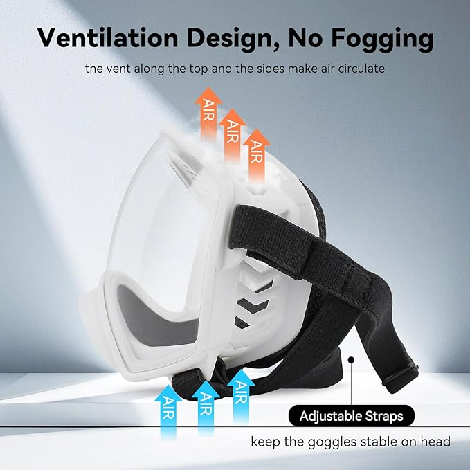 Dog Sunglasses UV Protection Clear Dog Goggles Windproof Glasses with Elastic Straps for Medium-Large Breed, White Frame + Clear Lens