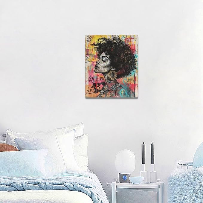 Quorin African American Wall Art Banksy Graffiti Black Woman Pictures Black Girl Wall Decor Canvas Print Painting Artwork for Bathroom Living Room Bedroom 20"x24"
