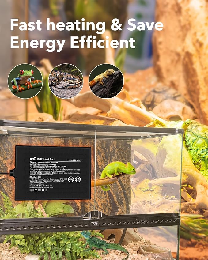 BN-LINK Reptile Heat Pad 8"X12" 16W for 30-40gal Under Tank Terrarium Heating Mat Waterproof for Turtle, Lizard, Frogs, Snake, Hermit Crab