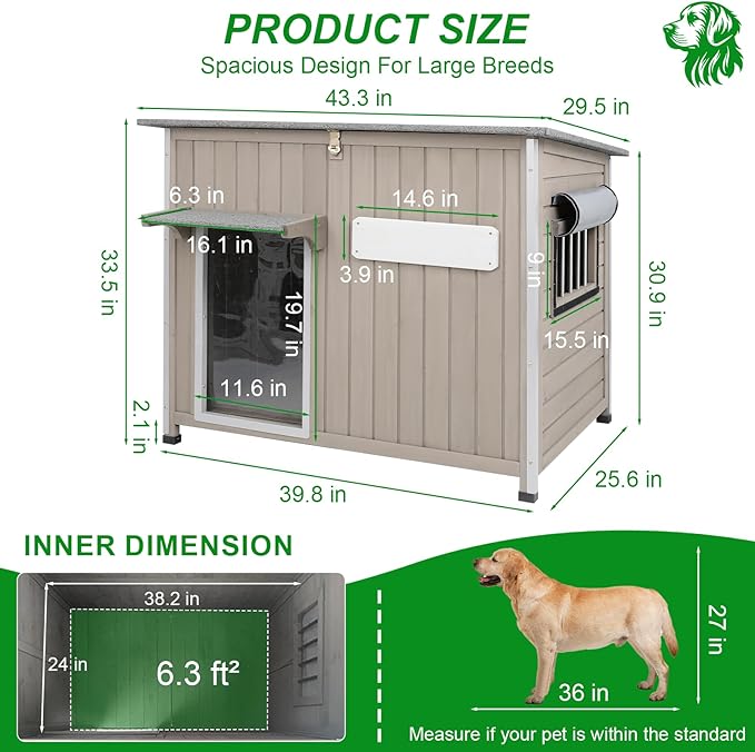 Dog House Outdoor Weatherproof & Wooden Dog Kennel with Chew-Proof Iron Frame，Removable Floor, Adjustable Vent Window, Easy Assembly for Large and Medium Dogs 43.3" D x 29.5" W x 33.5" H