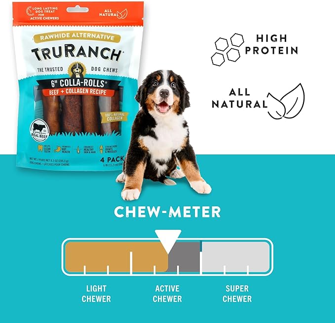 Collagen Rolls - 6" Collagen Rolls for Dogs - Long Lasting Healthy Joint Support - Rawhide Alternative - Skin & Coat Health - Made with Real Beef, Value Pack, 3 Bags, 12 Count