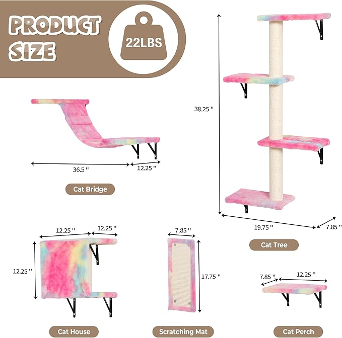 COZIWOW Wall Mounted Cat Furniture, Cat Wall Shelves and Perches, Floating Cat Shelves for Wall Set of 5 (Colorful)