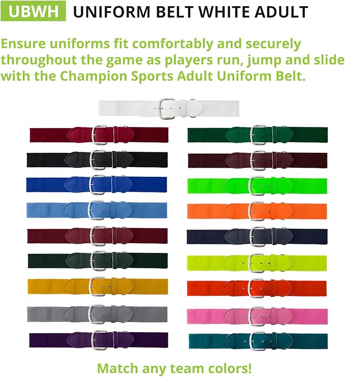 Champion Sports Baseball/Softball Uniform Belt, Comfort Stretch Fit Durable Syntex Tab - Youth & Adult Sizes, Multiple Colors