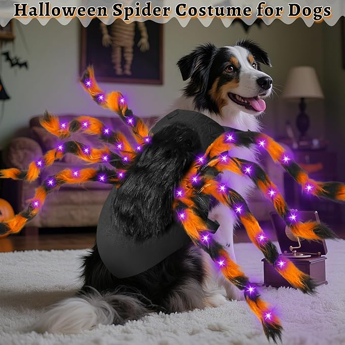 Camlinbo 24 LED Spider Dog Halloween Costume for Small Medium Large Dogs, Furry Spider with LED Lights Puppy Pet Costume Outfits Clothes Funny Halloween Costume Party Cosplay