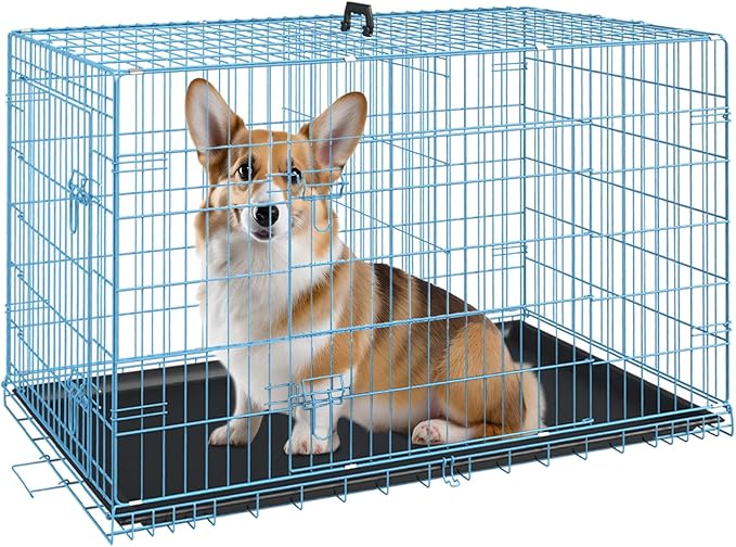 FDW Dog Crate for Medium Dogs 30 Inch Folding Metal WirePet Cage Double Door W/Divider Panel Indoor Outdoor Kennel Leak-Proof Plastic Tray,Blue