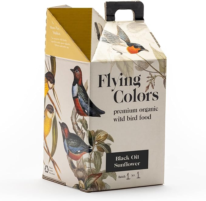 Flying Colors Premium Organic Wild Bird Seed | Black Oil Sunflower Seed | USDA Organic Ingredients | Best Seed for Backyard Bird Feeders | 3 Gallon Easy-Pour Carton