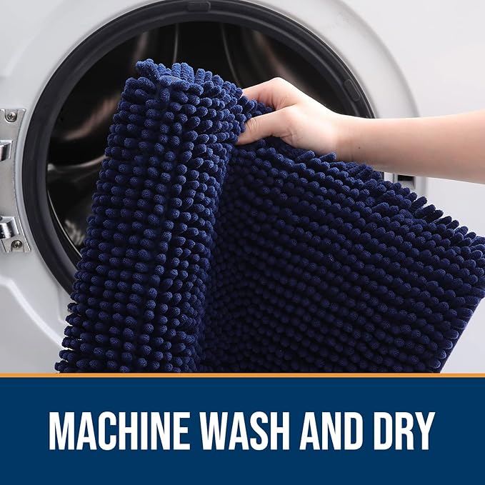 OLANLY Dog Door Mat Set 2-Piece 24x16, Absorbs Moisture and Dirt, Absorbent Non-Slip Washable Doormat, Quick Dry Chenille Mud Mat for Dogs, Entry Indoor Entryway Carpet for Inside Floor, Navy Blue