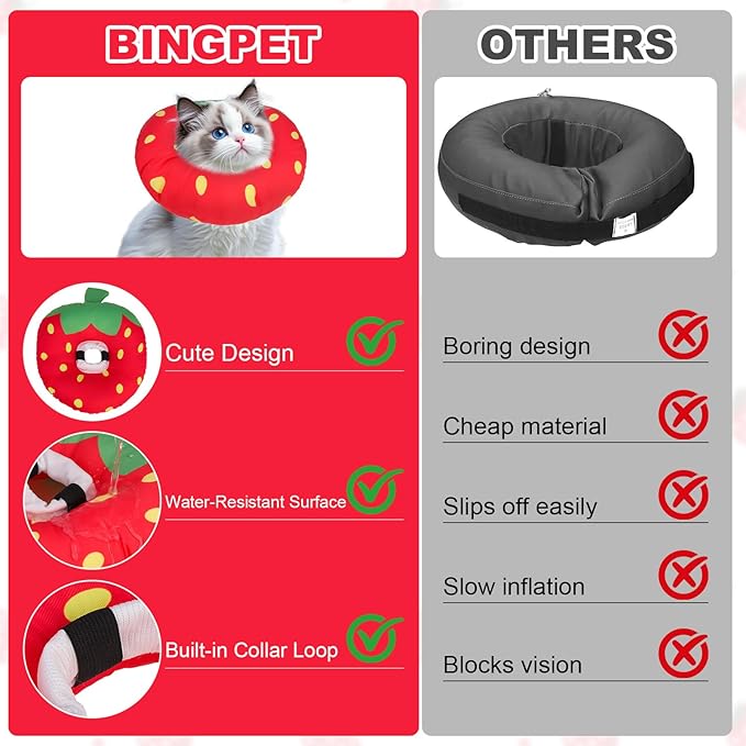 BINGPET Cat Cone Collar Soft,Waterproof Cat Recovery Collar to Stop Licking,Cute Donut Elizabethan e Collar for Cats Kittens Puppies Wound Healing After Surgery(Strawberry,Small)