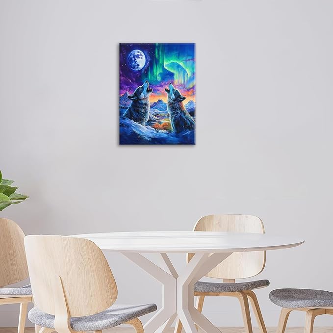 Wolf Wall Art Wolves Canvas Wall Decor Prints Framed Painting Aurora Pictures Gifts Artwork for Bathroom Bedroom Living Dining 12"x16"