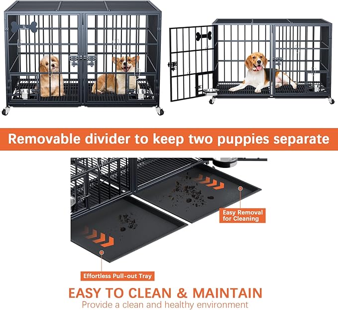 aboxoo 42/48 inch Heavy Duty Metal Dog Crate for 2 Dogs/Large Dog,All Metal Open Top Stackable,Dog Kennel Indoor with Wheels,Floor Grid, Tray, Divider and Feeding Bowl