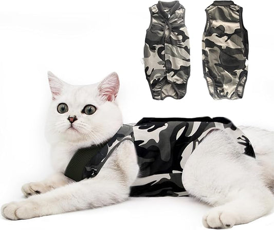 DOTON Cat Recovery Suit for Male and Female Surgical Post Surgery Soft Cone Onesie Shirt Clothes Neuter Licking Protective Diapers Outfit Cover Kitten Spay Collar(M, Camouflage)