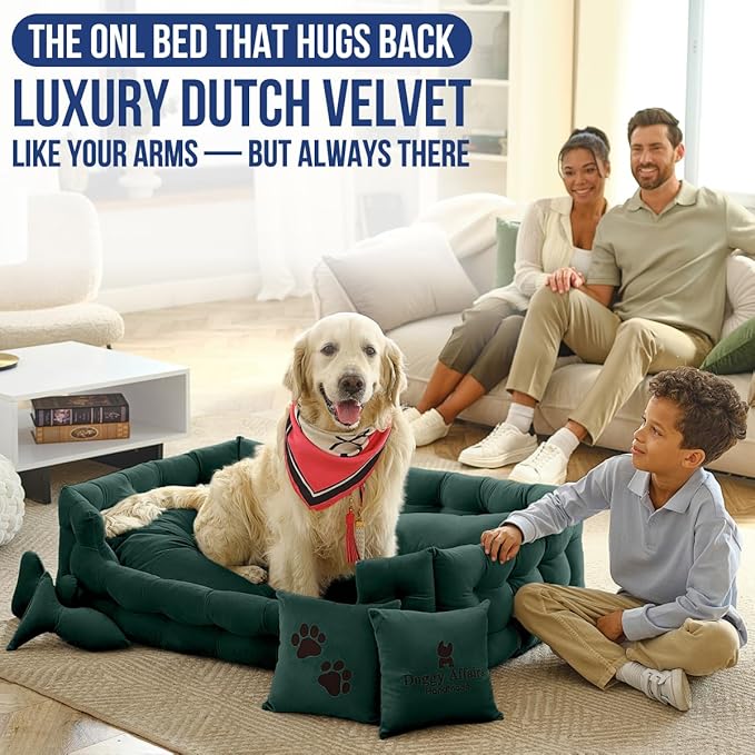 Luxury Dog Bed Chesterfield – Handcrafted Velvet Throne for Dogs | Joint Support, Calming & Temp-Regulating Comfort | Durable 5+ Years, Anti-Claw, Washable 100+ Times – XL, Green