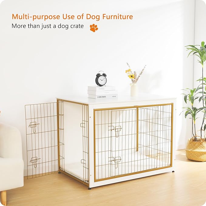 DWANTON Dog Crate Furniture with Cushion, Wooden Kennel Table with Double Doors, Indoor Dog House, Extra Large Size, 43.3" L, White+Gold