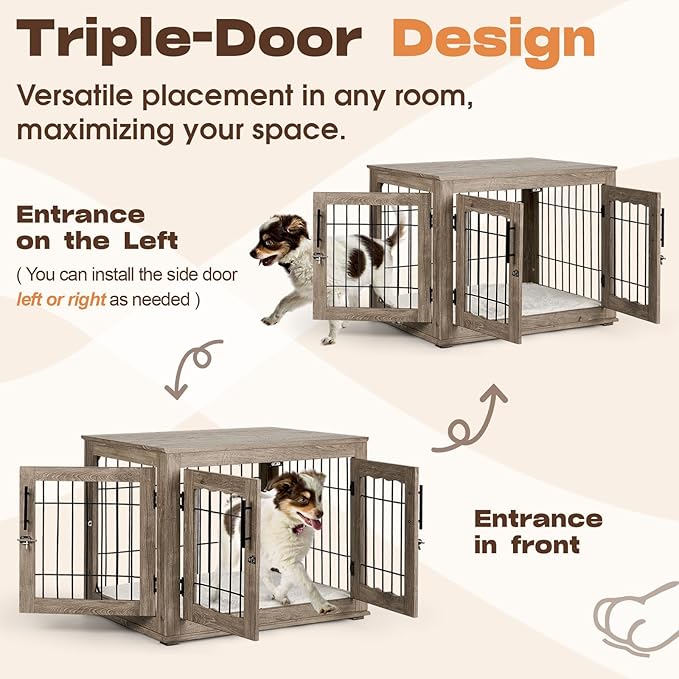 Dog Crate Furniture with Cushion, 32 inch Wooden Kennel Table with Double Doors, Indoor Dog House End Table for Small/Medium Dog, Grey (32x23x26in)