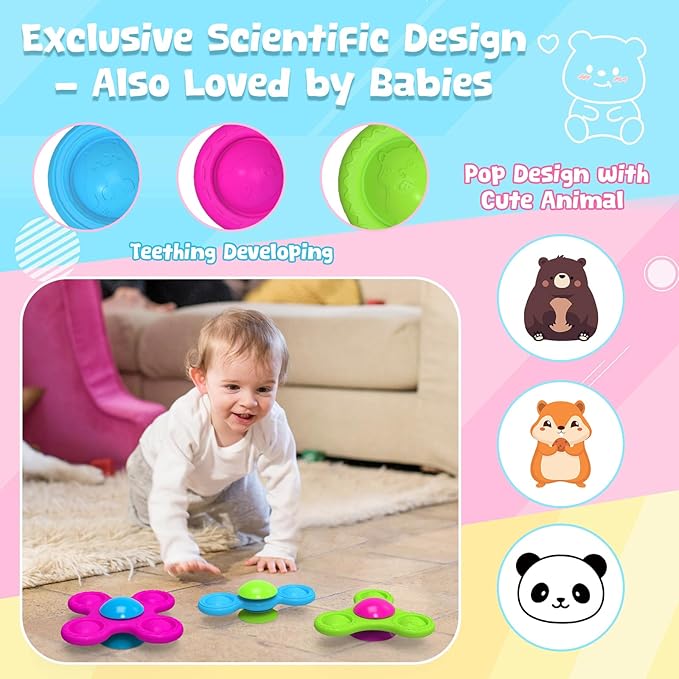 Suction Spinner Toys for Babies Cute Animals Spinning Toys for Toddlers Travel Toys Sensory Toys Bath Toys for Babies 10-12 Months+ Gifts for Kids Suction Cup Toys (Classic Edition - Animals)