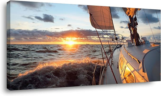 Yacht Sailing in Sea at Sunset Scenery Canvas Wall Art for Living Room Bathroom,Close-up View of Deck Mast Sails Picture Print Artwork Painting Decor,Epic Seascape Scenic Landscape,Inner Frame 20x40