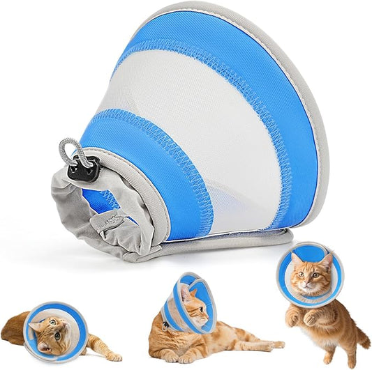 Breathable Air Mesh Cat Cone Collar Soft to Stop Licking, Adjustable, Foldable Lightweight Kitten Cones After Surgery Recovery for Cats & Kittens (Light Blue,M)
