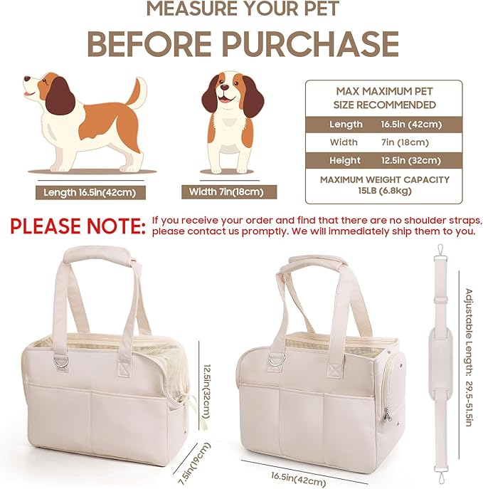 Dog Purse Carrier for Small Dogs, Soft Soft Sided Folding Dog Carriers for Small Dogs Medium Cats Puppies up to 15 Lbs, Washable Breathable Puppy Carrier for Outdoor Travel (Large Beige)