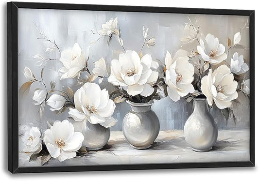 Large Farmhouse Floral Wall Art for Living Room, Framed Oversized White Flower Vase Wall Decor Grey Floral Canvas Painting Pictures Modern Artwork for Bathroom Bedroom Office Dining Room 36"x24"