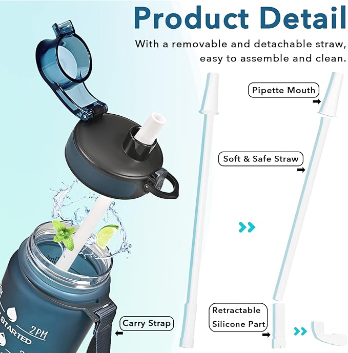 Enerbone Water Bottle, Leakproof BPA & Toxic Free, Motivational Water Bottle with Times to Drink and Straw, Fitness Sports Water Bottle with Strap for Office, Gym, Outdoor Sports