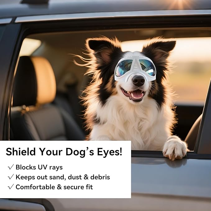 Dog Goggles for Medium-Large Breeds Windproof Anti-UV Pet Sunglasses with Adjustable Straps for Large Dog - White