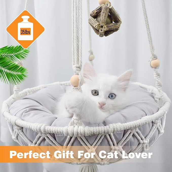 Macrame Hammock, Handwoven Boho Cat Swing with Hanging Kit for Indoor Outdoor Home Decor Hang on Wall Bed for Sleeping, Playing, Climbing and Lounging