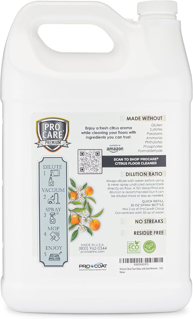 ProCare Citrus Floor Cleaner Concentrate (Made in USA) | Vinyl, Wood, Tile, Stone & Laminate Floor Cleaner For Mopping, Household Supplies, Cleaning Solution For Kitchen & Bathroom - 1 Gallon