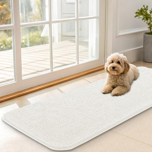 OLANLY Dog Door Mat for Muddy Paws 47x17, Absorbs Moisture and Dirt, Absorbent Non-Slip Washable Doormat, Quick Dry Chenille Mud Mat for Dogs, Entry Indoor Entryway Carpet for Inside Floor, Ivory