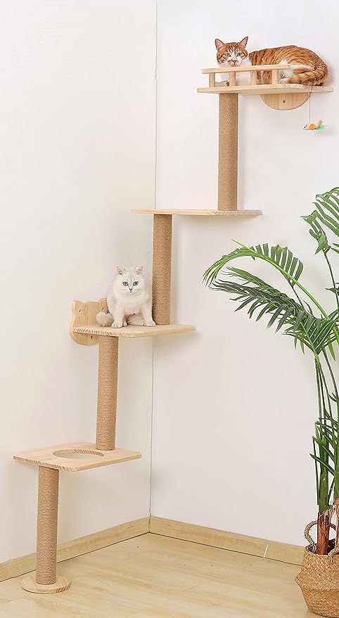 Cat Tree Wall Mounted with 4 Levels Shelves, 73" Wood Corner Tower Inside Kitten Scratching Post for Climbing,Perching and Lounging (Left to Right)