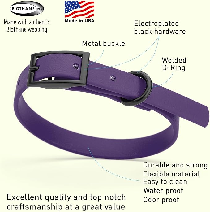 Dogline Biothane Waterproof Dog Collar Strong Coated Nylon Webbing with Black Hardware Odor- Proof for Easy Care Easy to Clean High Performance Fits Small Medium or Large Dogs, Violet Purple