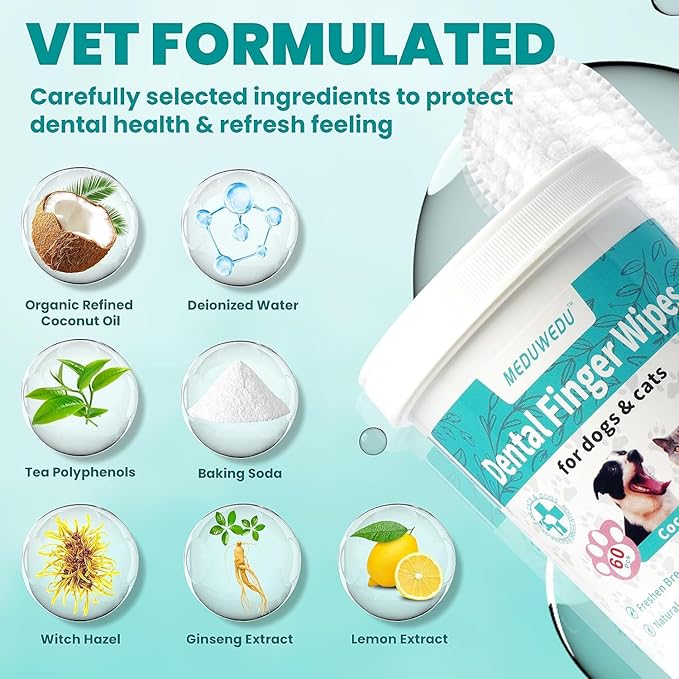 Dental Care Finger Wipes 120 Counts,Teeth Cleaning Finger Wipes for Dogs & Cats,Reduces Plaque & Supports Oral Freshness,Small Animal Stain Removers, Unscented