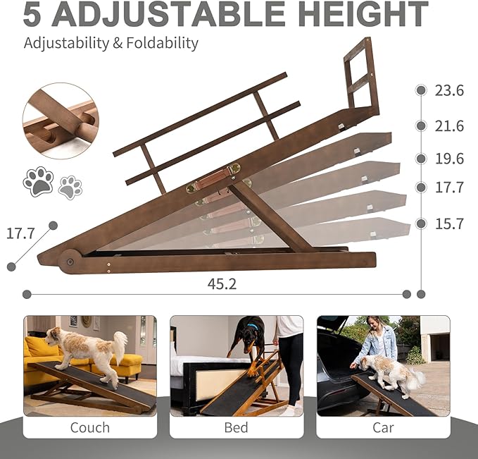 ABORON Folding Pet Ramp, 5-Level Adjustable Dog Ramp for Bed, Couch, SUV - High Traction Rubber Surface, Supports up to 200 lbs, 45.2" Long - Ideal for Small & Large Dogs & Cats,Brown Finish
