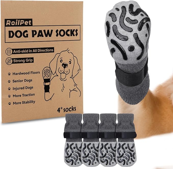 Double Sides Non-Slip Dog Socks to Prevent Licking Paws - Strong Traction for Hardwood Floors, Senior Dogs, Paw Protector, Dog Socks with Grippers - Size Medium