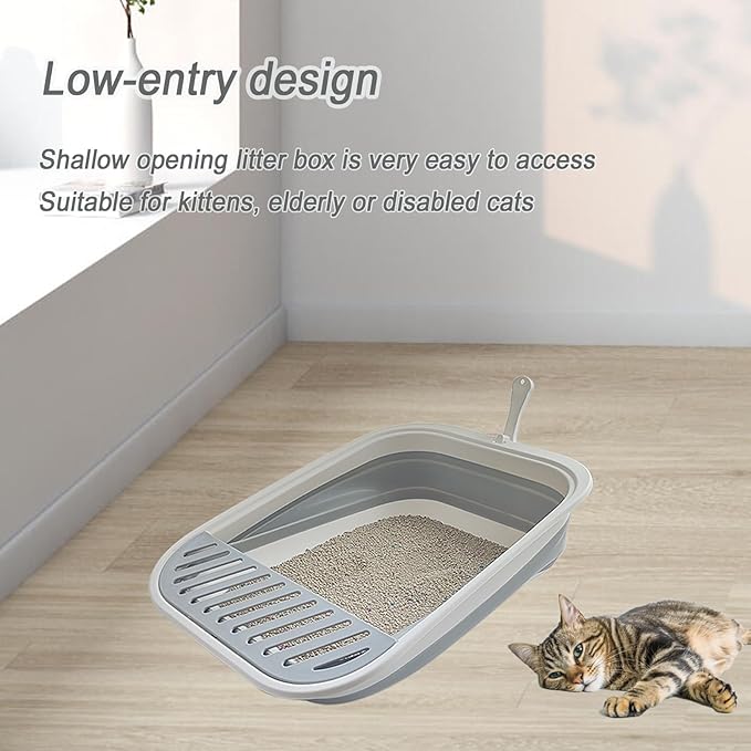 Collapsible Small Cat Litter Box for Kittens Open Potty Pan Travel Foldable Waterproof Shallow Anti-Splash Removable Semi-Enclosed Kitten Kitty Puppy Small Animals Senior Pet (Pink)