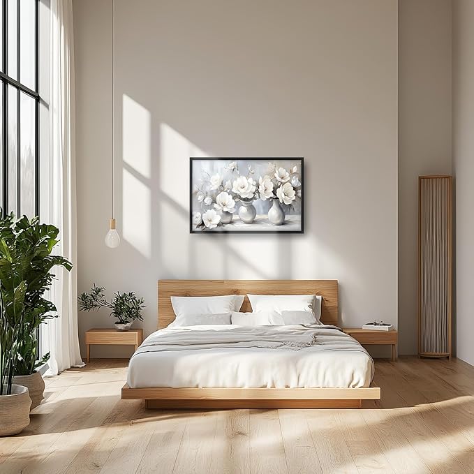 Large Farmhouse Floral Wall Art for Living Room, Framed Oversized White Flower Vase Wall Decor Grey Floral Canvas Painting Pictures Modern Artwork for Bathroom Bedroom Office Dining Room 36"x24"