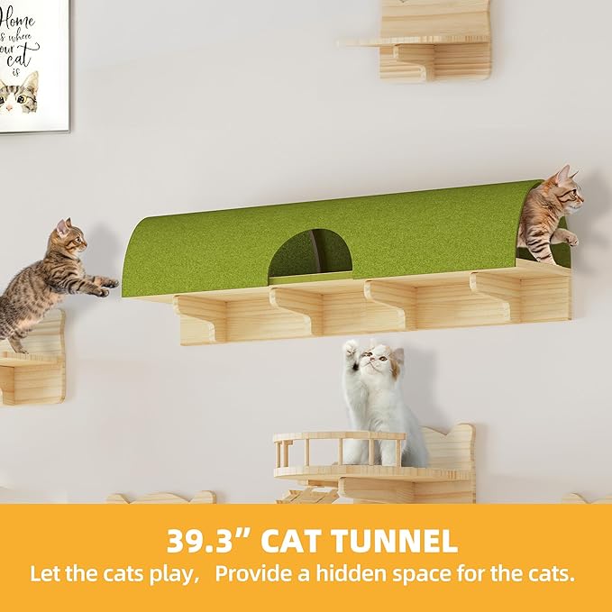 Cat Wall Shelves, Cat Wall Furniture Pine Wooden Feline Shelf, 16 Piece Feline Shelves and Perches with Condos, House, Steps, Bridge Ladder, Scratching Post and Tunnel