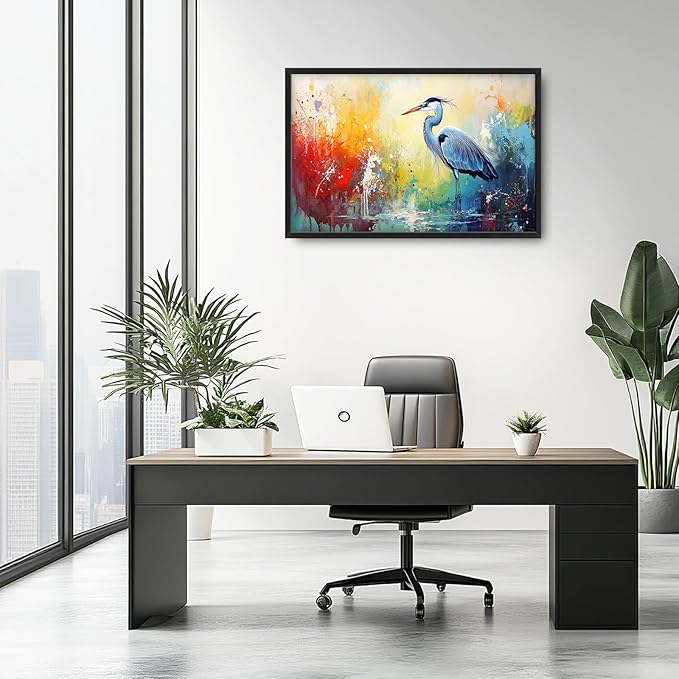 Extra Large Framed Abstract Heron Wall Art,Oversized Colorful Graffiti Heron Wall Decor Pictures for Living Room,Canvas Print Painting Modern Artwork Bedroom Office Bathroom Home Decor 36L x 24W