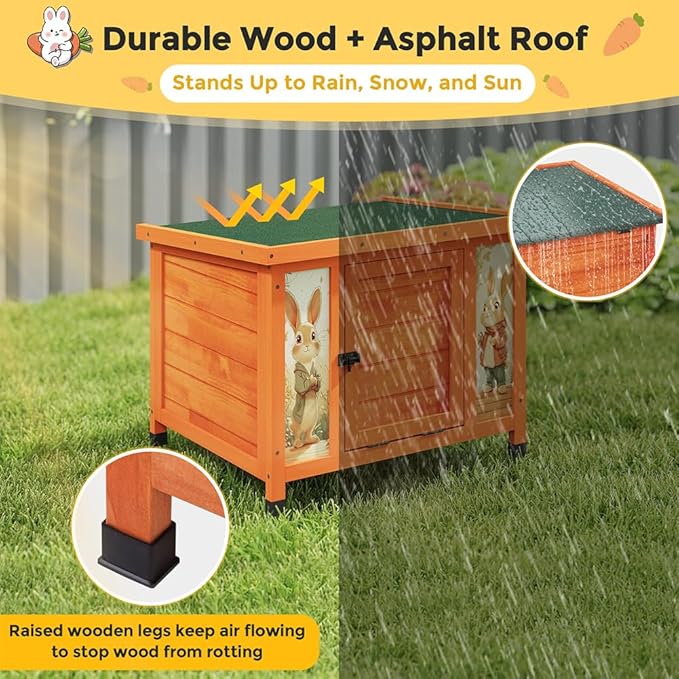 COZIWOW 24in Wooden Cat House Outdoor & Indoor Pet Shelter with Foldable Ramp - Weatherproof Rabbit Hutch with Unique Machine-Printed Art Designs for Cat, Rabbit, Guinea Pig (Orange)