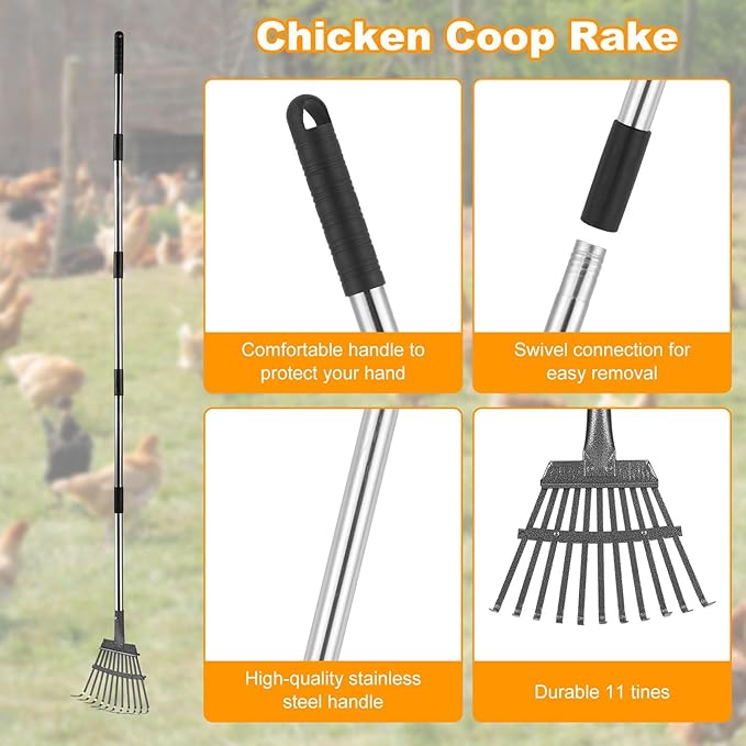 Chicken Poop Scooper Set - Adjustable Coop Scoop with Ergonomic Grip, Rake, Reusable Waste Bag & Gloves - Durable Sand Sifting Litter Shovel for Chicken Coops, Farms, Pet Waste