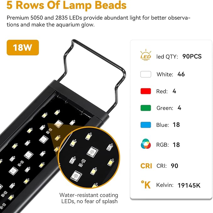 hygger 18W LED Aquarium Light, 18-24 Inch Fish Tank Light with Timer Auto On/Off, Sunrise Sunset Mode, Adjustable Brightness and Colors, Full Spectrum Light with Extendable Brackets for Freshwater