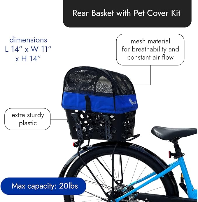 BiKASE Durable Dog Bike Basket & Carrier, Rear Mount Pet Basket for Bikes with Super Comfort Mat and Cover, Ideal for Small Dogs and Cats up to 12 lbs