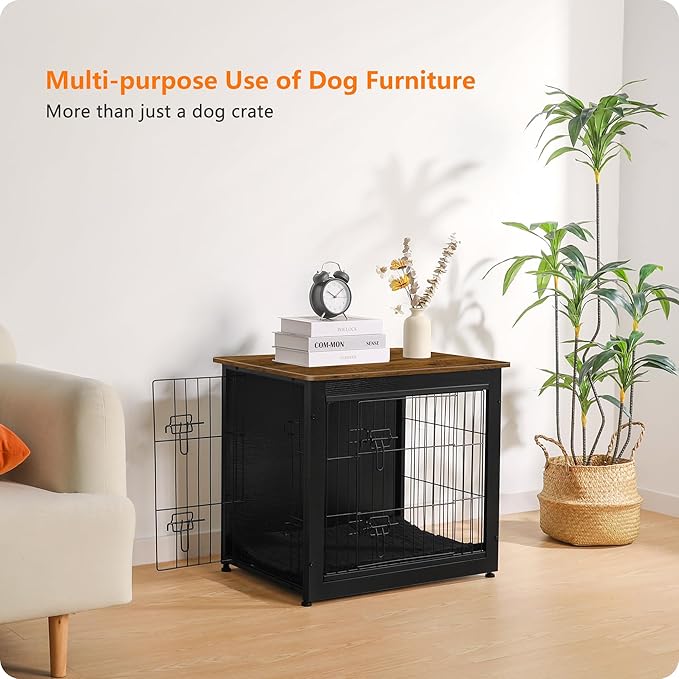 DWANTON Dog Crate Furniture with Cushion, Wooden Kennel Table with Double Doors, Indoor Dog House, Small/Medium/Large Size, 27.2" L, Black+Warm Brown