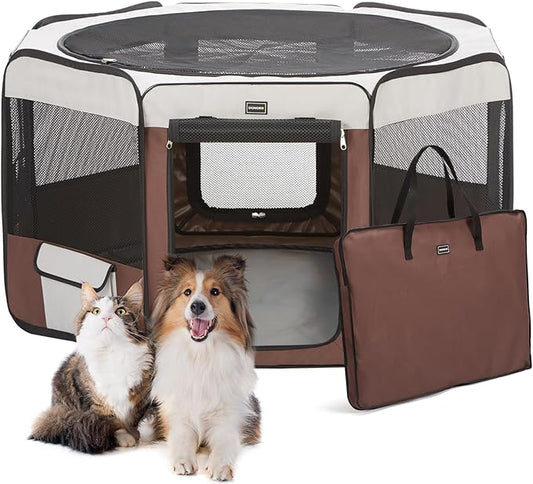 DONORO Dog Playpen Portable Pet Play Pens for Small Dog/Cat/Rabbit/Chicks, Cat Playpen Indoor/Outdoor with Carring Case, Removable Zipper Top and Bottom (Brown, Small (28"x28"x14"), 8)