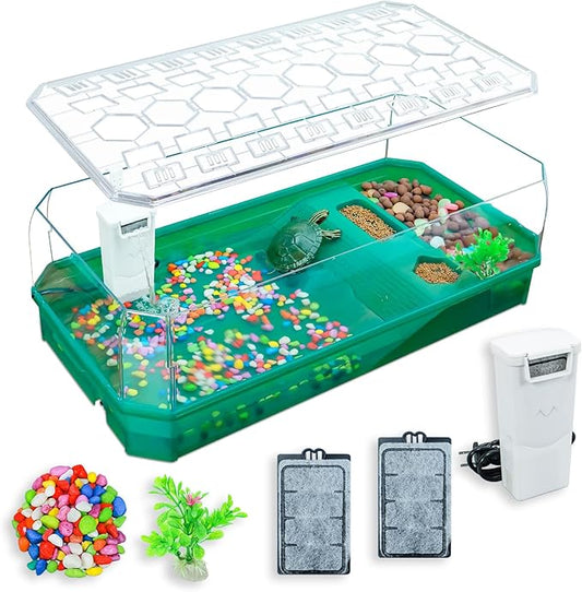 Aquatic Turtle Tank Habitat Kit Stone+Filter+Heat Lamp Enhancing Interaction with 360° Viewing, Standalone Filtration, DIY Creative Zone, Enriched Living (Green, L[Without Light])