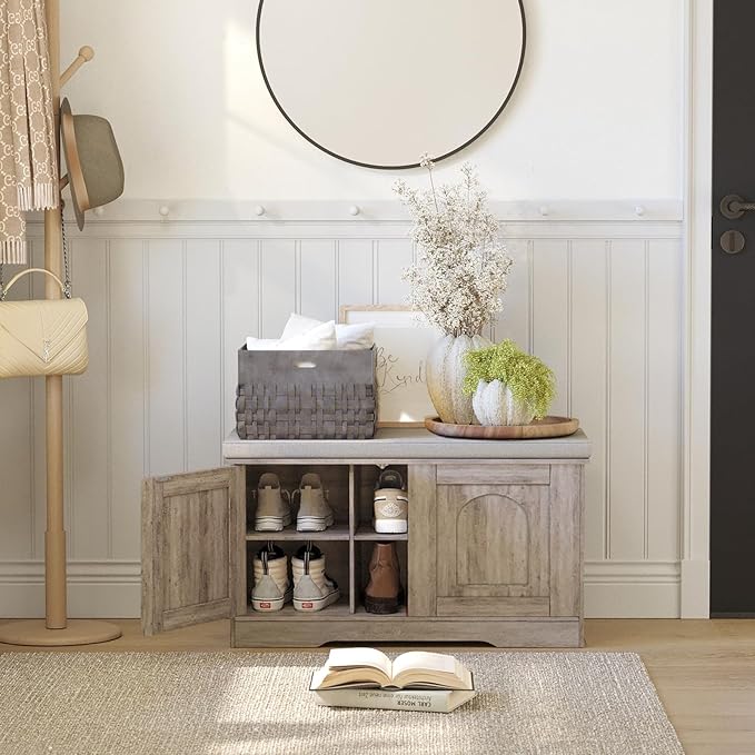 DINZI LVJ Shoe Bench, Entryway Storage Bench with Doors, Cushion, 2-Tier Shoe Rack with 6-Cubby, 31.5”L x 13.8”W Shoe Organizer Cabinet, Adjustable Shelf, Living Room, Bedroom, Greige