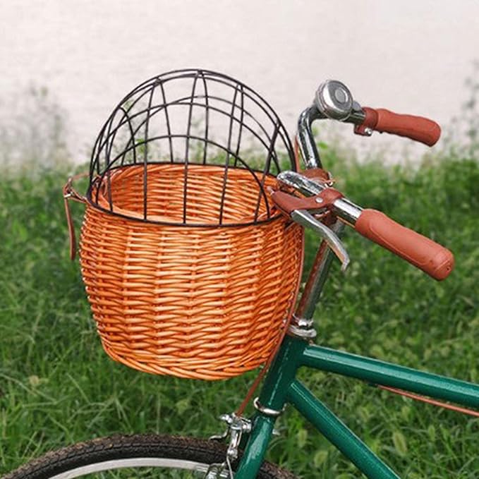Bike Pet Basket, Wicker Bike Basket for Small Dogs Cats Pet Carrier Front Basket with Wire Mesh Cover and Lid, Wicker Basket for Dogs and Cats, Rattan Storage Basket, 11.81 * 9.84 inch (A)