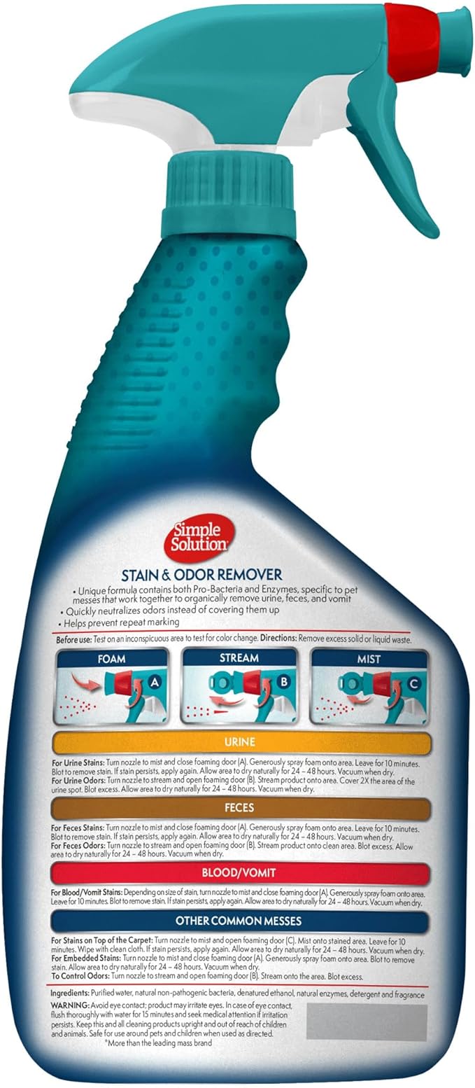 Simple Solution Stain and Odor Eliminator Spray, Pee Stain Remover, Enzyme Carpet Cleaner, Dog Smell Remover for Carpets, Dog Odor Remover, 32 oz (Pack of 2)