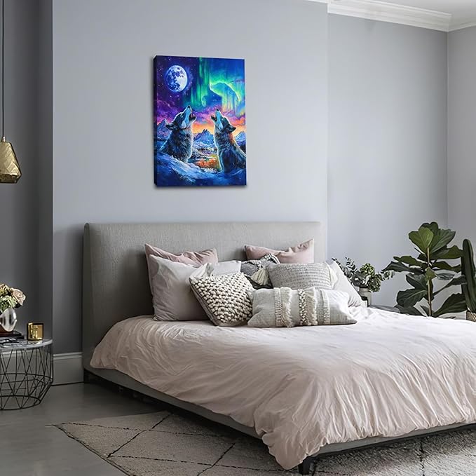Wolf Wall Art Wolves Canvas Wall Decor Prints Framed Painting Aurora Pictures Gifts Artwork for Bathroom Bedroom Living Dining 16"x24"
