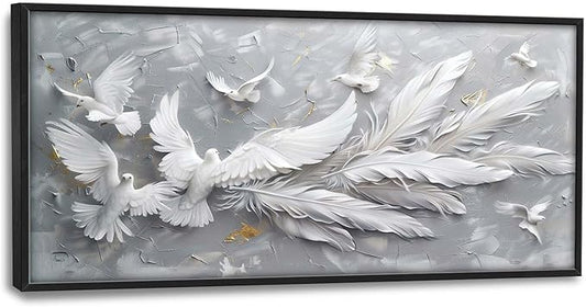 Quorin Feather Dove Bird Large Wall Art White Gray Holy Wings Pictures Peaceful Birds Flying Wall Decor Canvas Print Painting Artwork for Bathroom Living Room Bedroom 60L x 30W