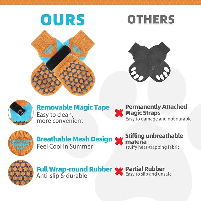 KOOLTAIL Dog Socks for Hot Pavement, Summer Breathable Dog Socks to Prevent Licking Paws, Non Slip Pet Boots&Paw Protectors for Hardwood Floor,Grippy Shoes for Small Medium Large Senior Dogs,Orange XS